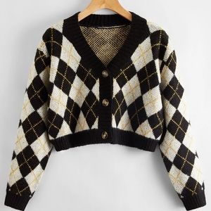 Button Up Argyle Crop Cardigan